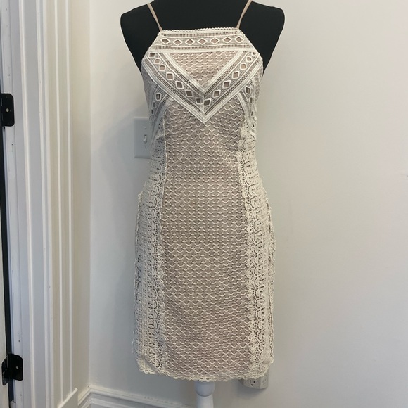 Greylin Off White Crochet Lace Nude Lined Cocktail Boho Mini Dress - Picture 1 of 10